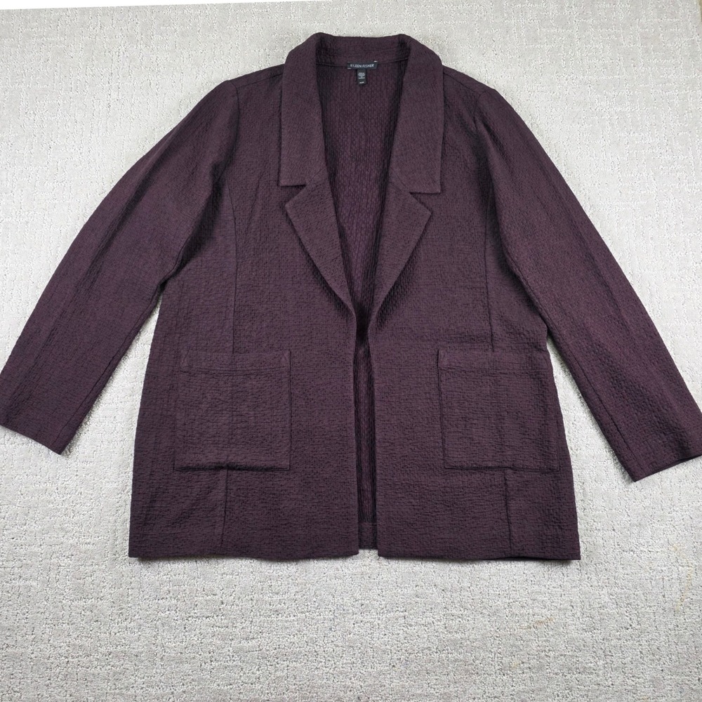 Eileen Fisher Womens Medium Plum Textured Open Front Blazer Jacket Pockets